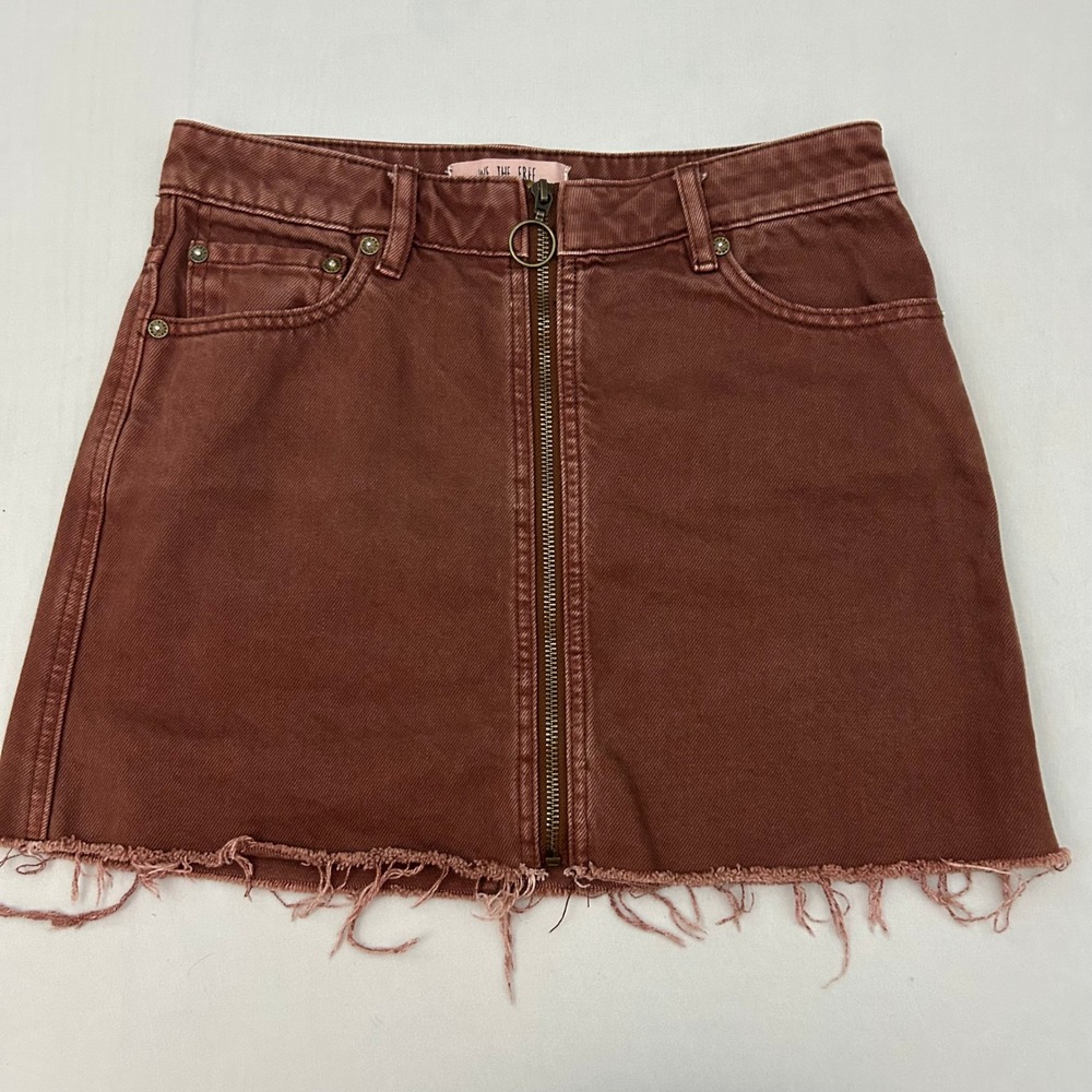 We The Free People Denim Mini Skirt Women 25 Brown Rust Full Zip Raw Hem Frayed